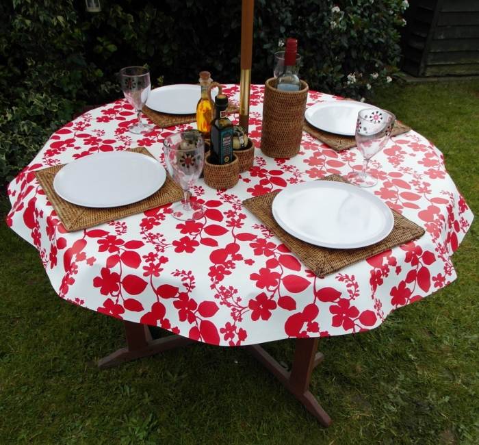 Toalhas de mesa de jardim-oleado-redondo-flor-motivo-vermelho-branco-moderno