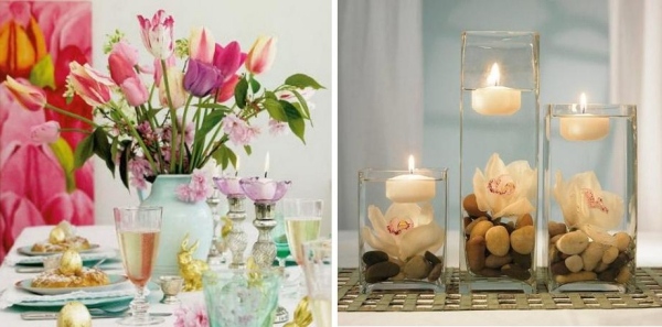 decoração de mesa - com flores cortadas, lanternas, velas, chá
