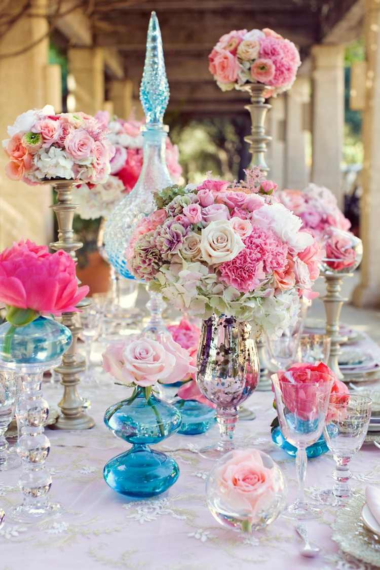 spring-decoration-glass-ideas-pink-rose-hydrangea-blue-glass