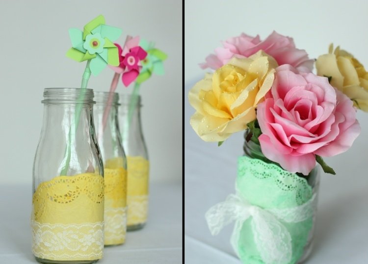 primavera-decoração-vidro-idéias-flores-vidro-garrafa-vaso-doily-tip