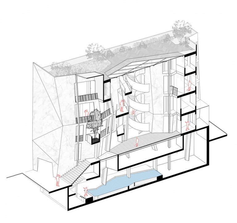 A casa átrio com telhado de vidro consiste em dois volumes de construção. A planta baixa mostra todos os quatro andares