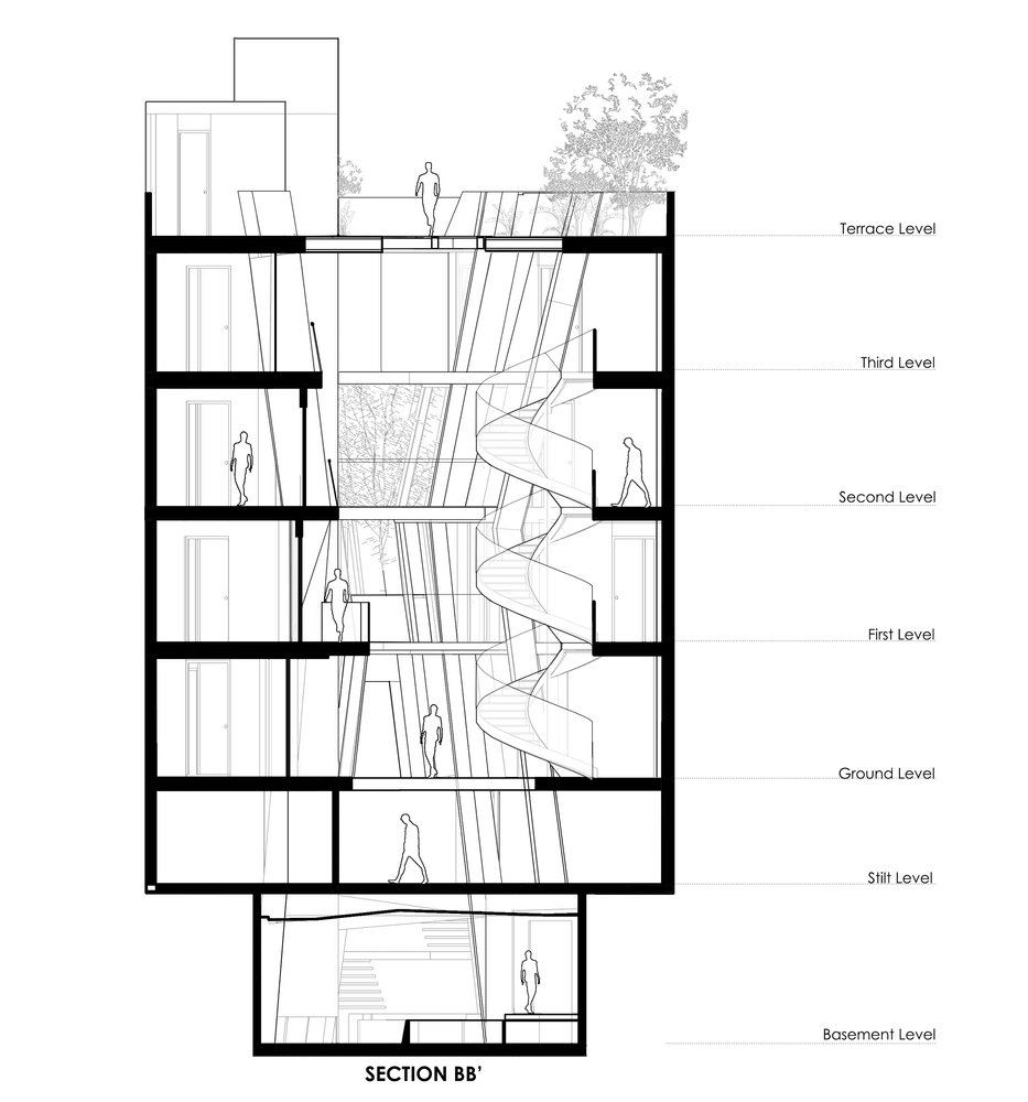 A casa do pátio se estende por quatro andares e tem um projeto de terraço espaçoso na cobertura