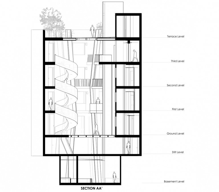 Casa no átrio com telhado de vidro Planta baixa com vista lateral e quatro andares