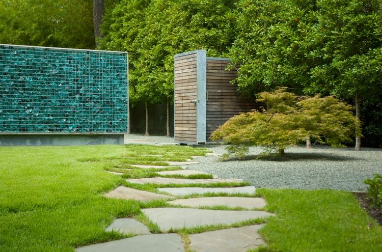 projeto paisagem cerca de gabião-vidro azul combinação cerca de madeira
