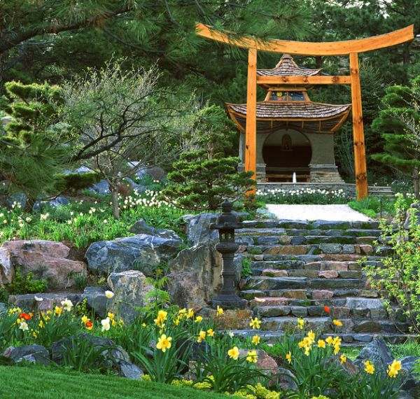 extravagante design de jardim japonês cores bela vista de pedras
