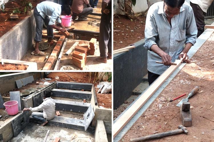 construção jardim pavilhão degraus ferramenta de granito índia