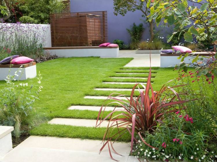 Projete seu próprio caminho de jardim de jardim lajes de pedra área de gramado ideia moderna