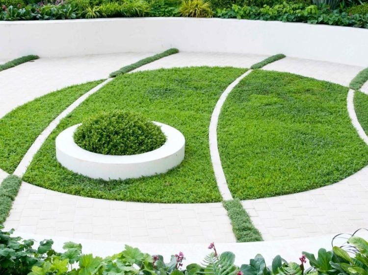 projetar seu próprio jardim minimalista abstrato gramado área de buxo redondo