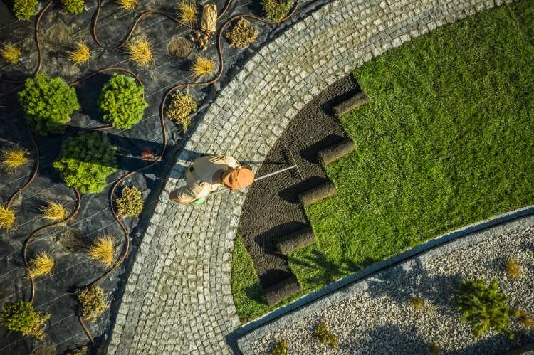 Projeto exemplar de jardim e jardineiros cortando grama ao se preparar para o inverno