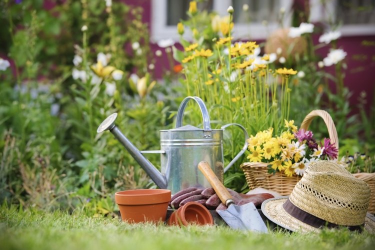 garden-spring-gardening-tools-watering-can-straw hat-basket-flowers-planting