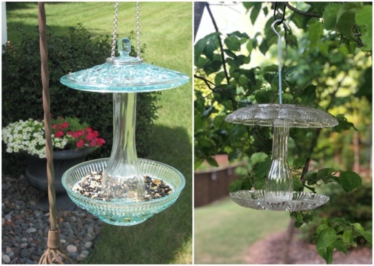 Estação de alimentação de pássaros feita de tigela de vidro para bombons