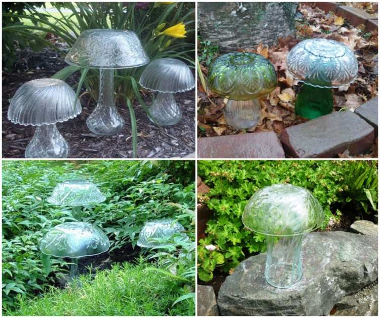 Faça sua própria decoração de vidro para o jardim - cogumelos engraçados