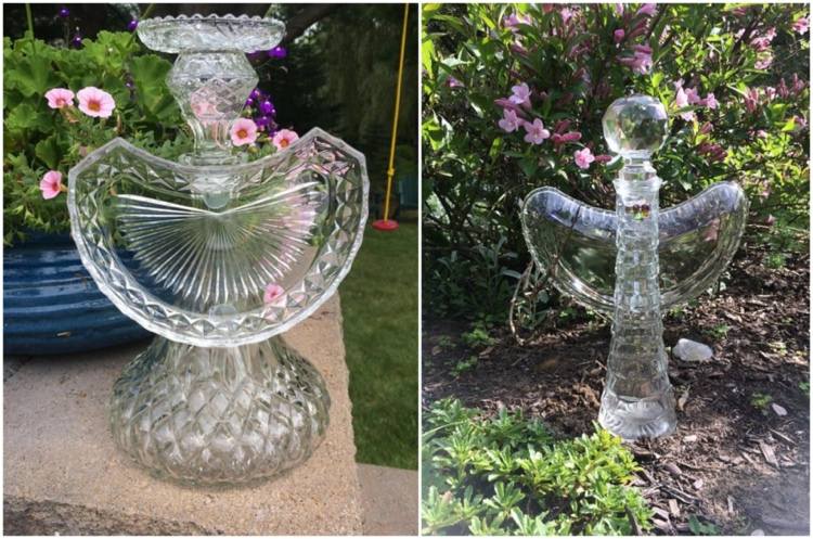 arte em vidro para jardim feita de vasos antigos