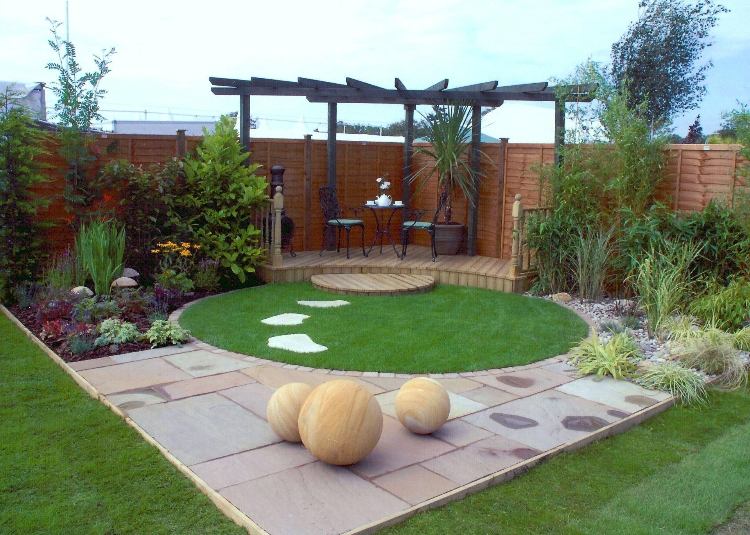 design jardim canto assento romântico pérgula deck área relvada redonda