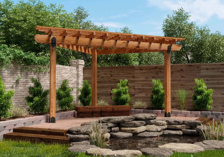 canto de jardim forma plantas perenes arbustos banco de pérgula de madeira