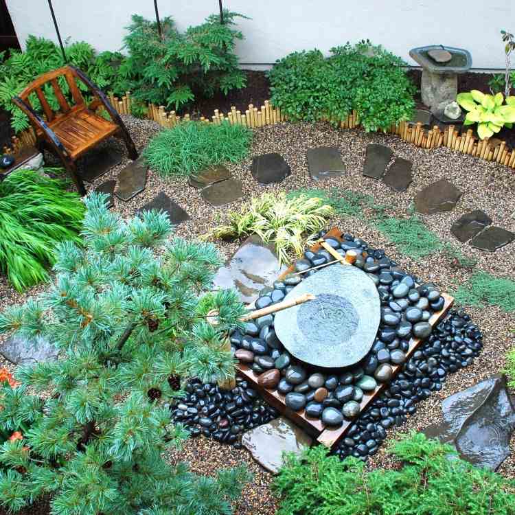 jardim design-japonês-país-cascalho-rio-pedras-poço-água