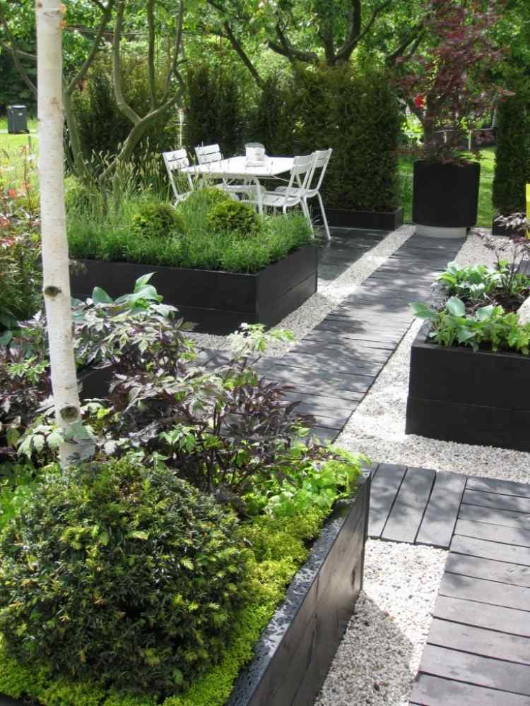 Projeto de jardim com cascalho-jardim-criar-jardim-moderno-caminho-sombras-móveis de jardim-cerca viva