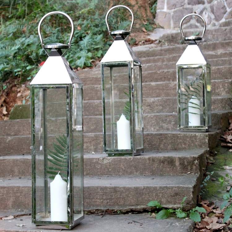 Lanternas de jardim com velas -metal-grande-frente-quintal-casa-porta-quadrado-palma-fora-branco