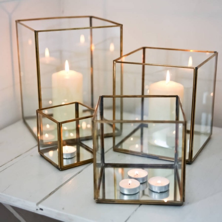 lanternas de jardim-velas-vidro-quadrado-três-lâmpadas de chá-espelho-chão