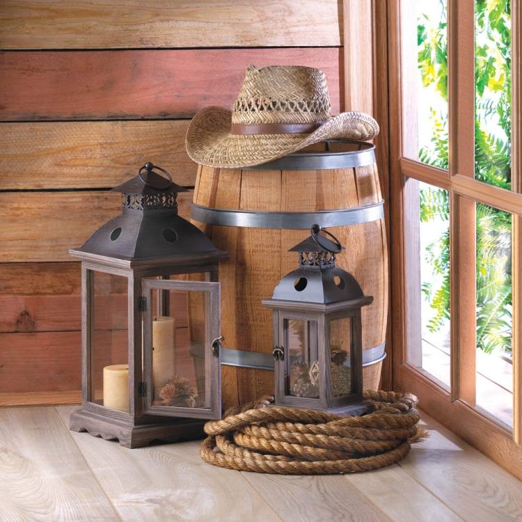 Lanternas de jardim com velas - decoração de madeira-muito-grande-quadrado-lugar-barril de corda