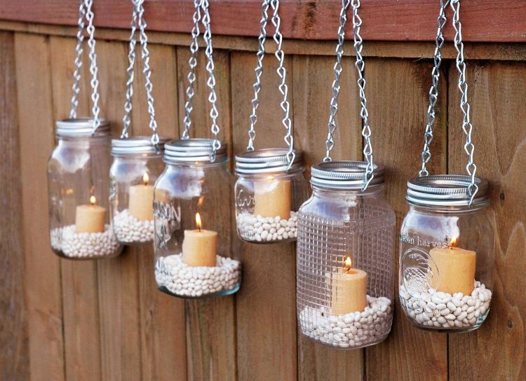 lanternas de jardim-velas-preservação-potes-feijão-pendurado-cerca-sem-tampa