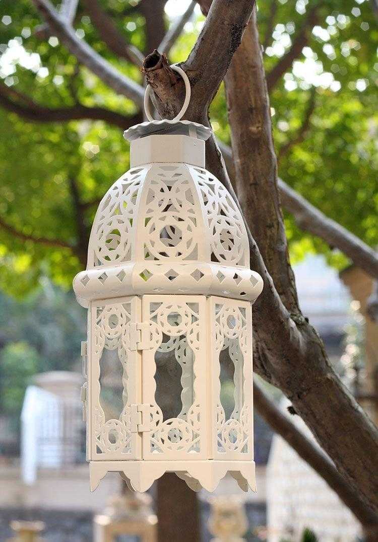 lanternas de jardim-velas-metal-branco-pendurado-porta-vidro-filgran-ornamentos orientais