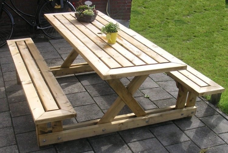 mesa de piquenique simples para fazer você mesmo de krauzbeine de madeira com bancos