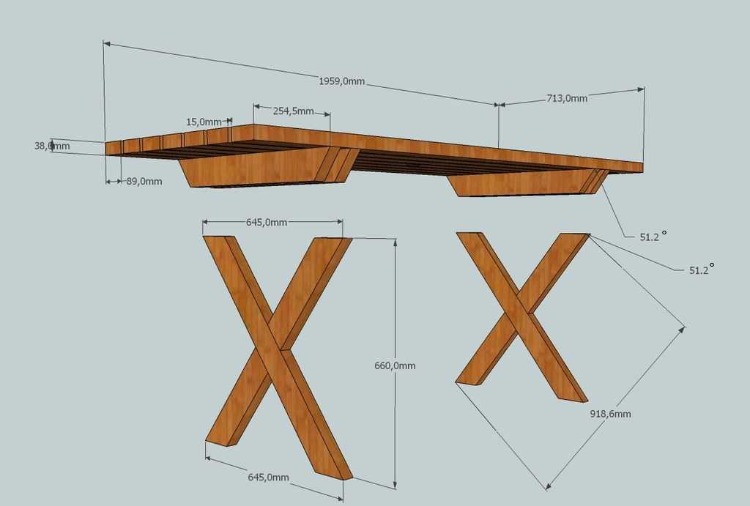 desenho de plano com dimensões para mesa de jardim de madeira diy em milímetros e graus