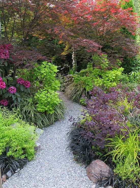 caminhos de jardim de seixos, ideias, vegetação exuberante