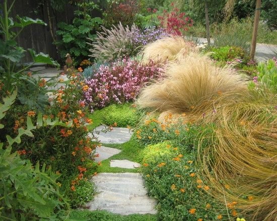 idéias de design de caminho de jardim perenes vegetação exuberante flores florescendo