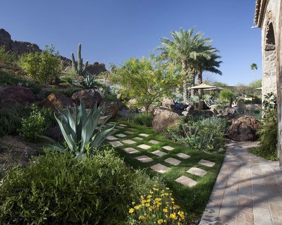 casa com desenho de jardim nas plantas mediterrâneas de desenho inclinado