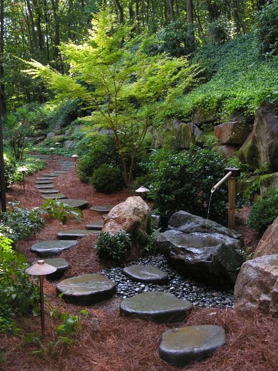 projeto de jardim-sistema de água-fonte colocando pedras de piso