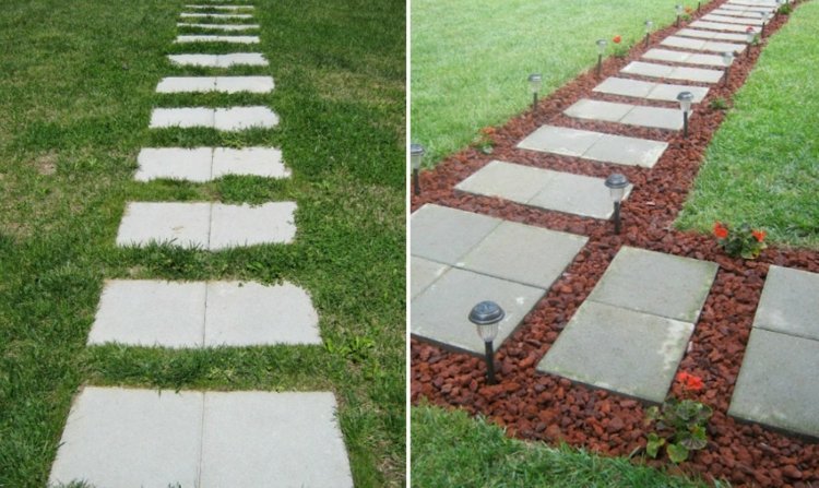 Criação de lajes de concreto no caminho do jardim antes-depois-do-caminho-inspiração-lâmpadas-solar