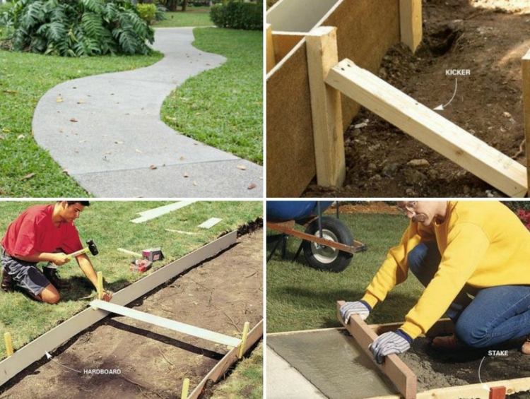 Concretagem do caminho do jardim, instruções de baixo custo para construir e alisar os suportes