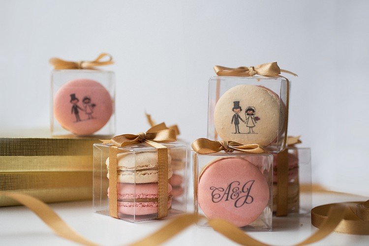 Casamento favorece embalagens impressas de macarons comestíveis