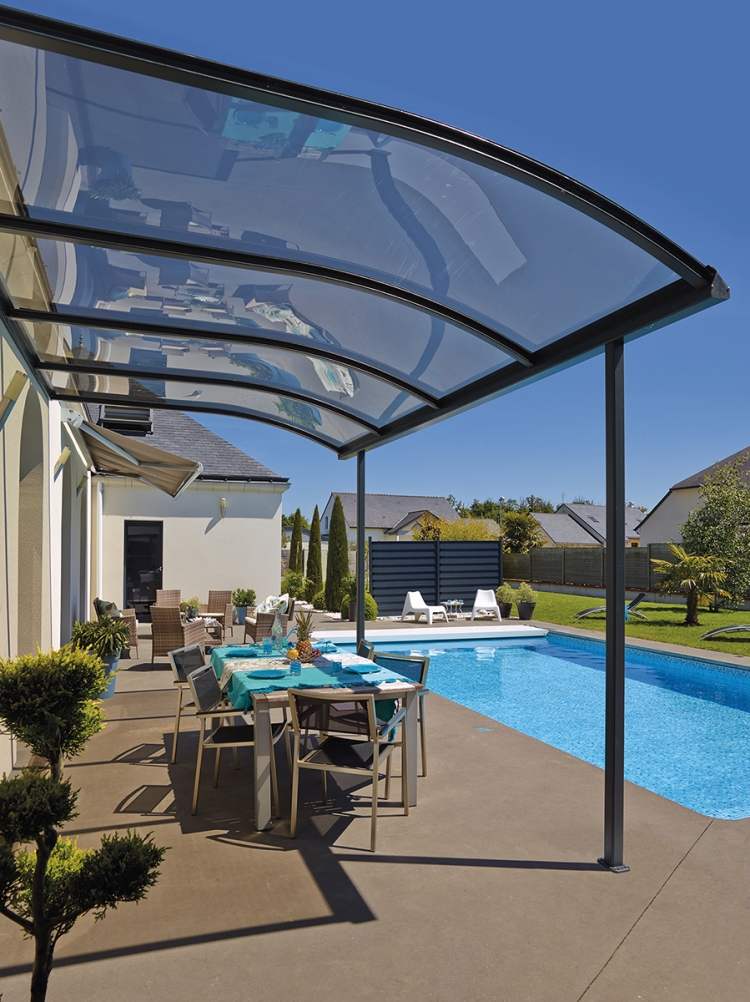 materiais-terraço telhado-estrutura de alumínio-construção-plexiglass-mesa-piscina-cadeiras-jardim