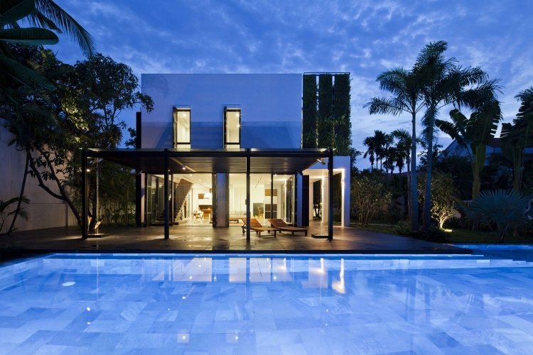 materiais-terraço telhado-moderno-noite-iluminação-água-piscina-casa-construção-festa