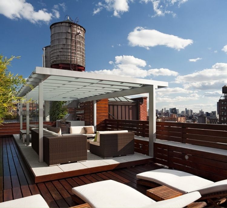 materiais-terraço telhado-terraço-telhado-aço-construção-jardim-móveis-plástico-ratan-assento almofadas