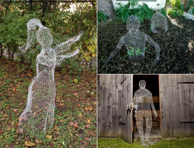 Decorações de Halloween para o exterior - bonecos DIY feitos de arame de galinheiro