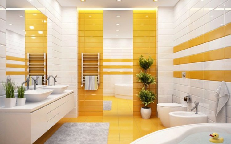 amarelo-banheiro-design-ideia-listras-brancas-azulejos-plantas