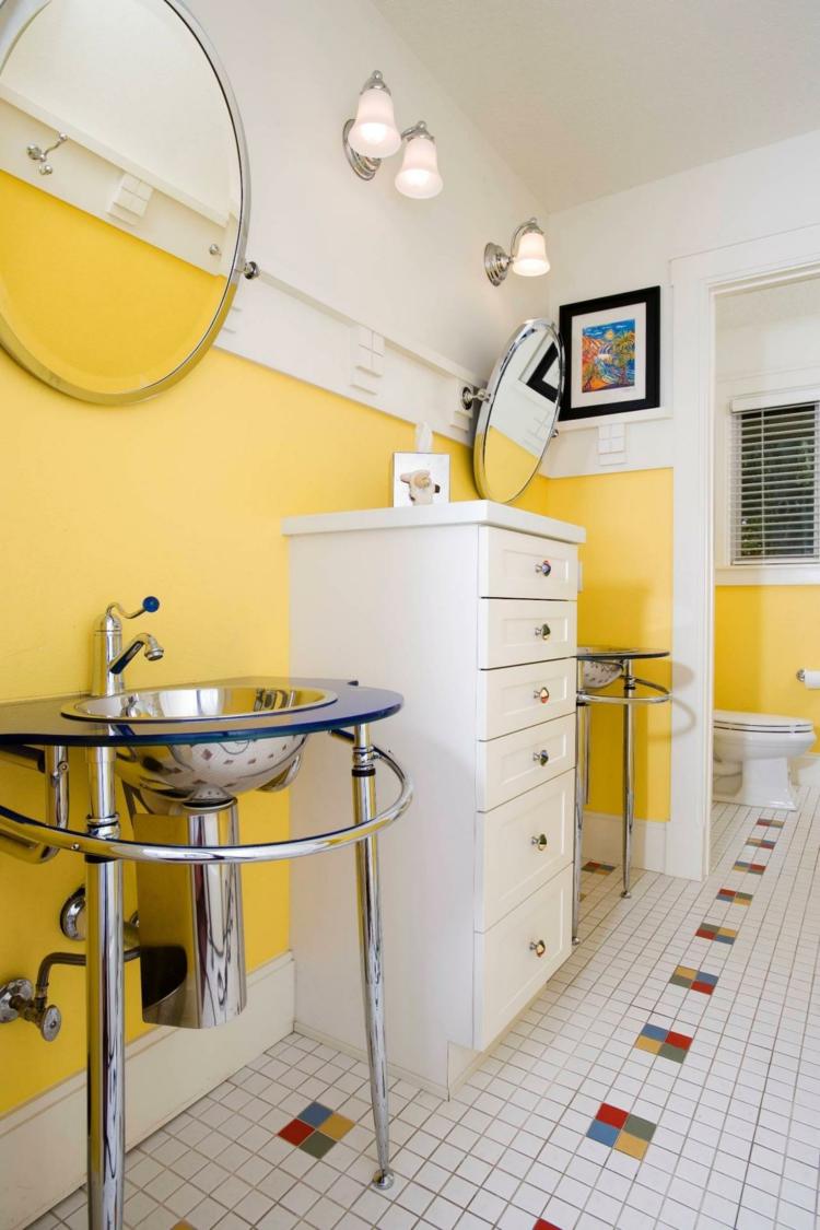 amarelo-banheiro-original-interior-acento parede-branco-gabinete-pia de metal