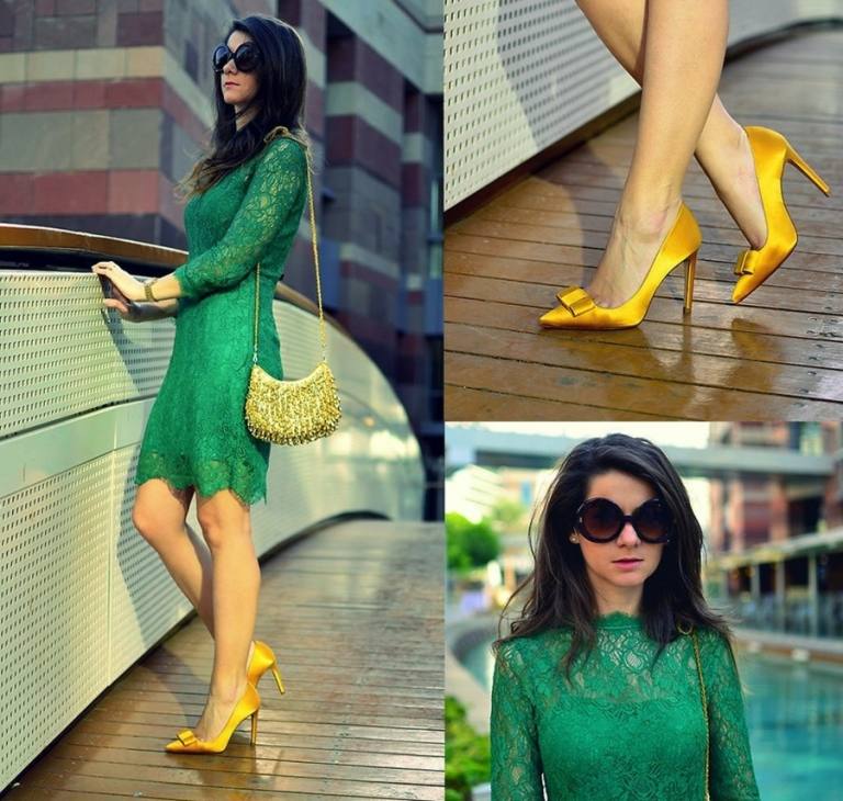Sapatos amarelos com brilho dourado e vestido de renda verde