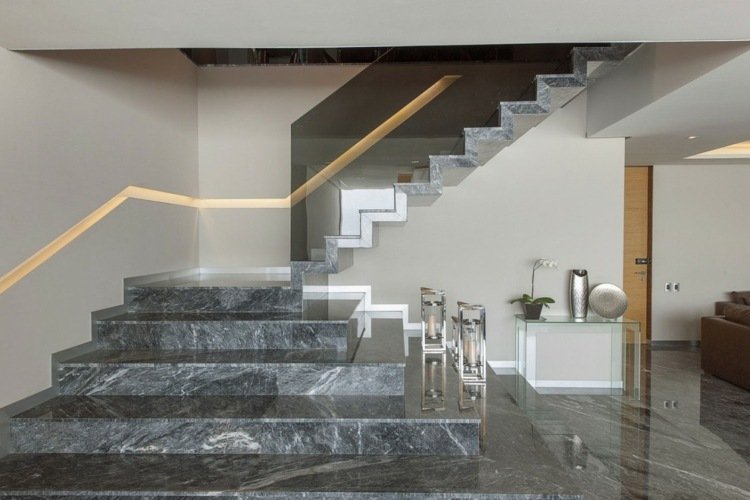 ideias corrimão design escada mármore cinza escuro vidro parede