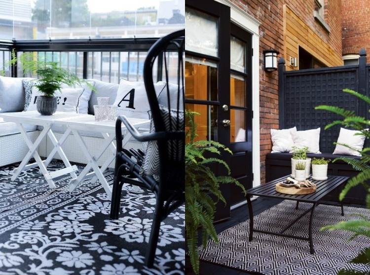 varanda-design-aconchegante-preto-branco-padrão-travesseiro-samambaia