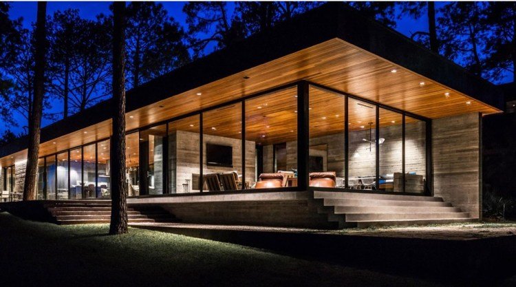 glass-house-nature-forest - flat-roof-lighting-teto-wood