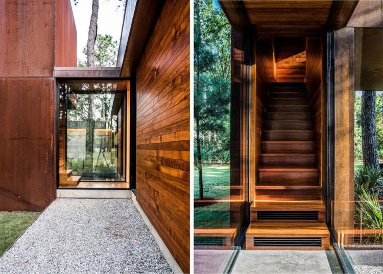 casa de vidro-natureza-floresta-corredor-madeira-entrada