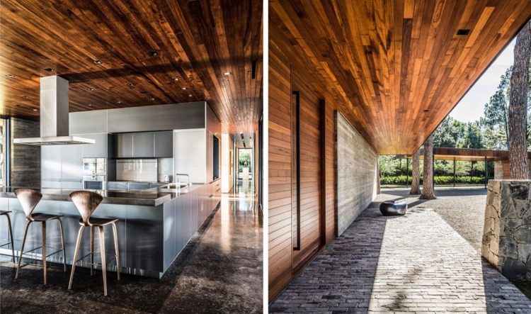 casa de vidro-natureza-floresta-madeira-teto-moderna-cozinha-aço inoxidável