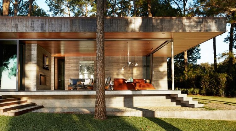 Vidro na casa - telhado-plano-gramado-concreto-madeira-árvore