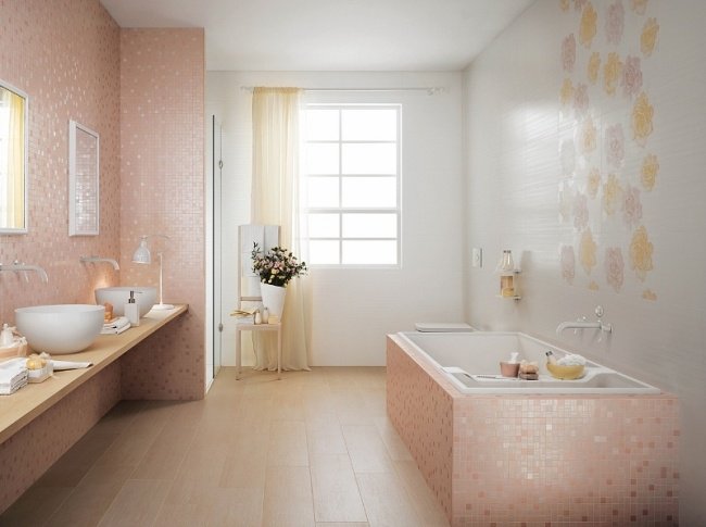 banheiro feminino design de azulejos de cor rosa suave mosaico flores