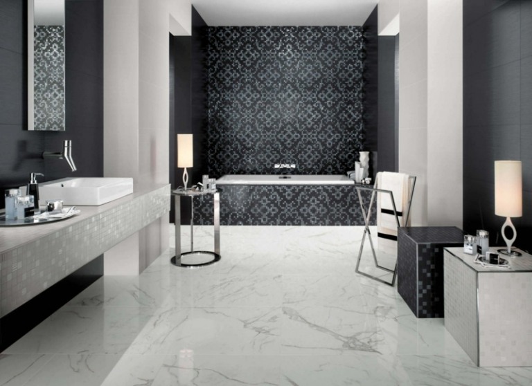 azulejos do banheiro padrão em mosaico piso de mármore elegante preto e branco